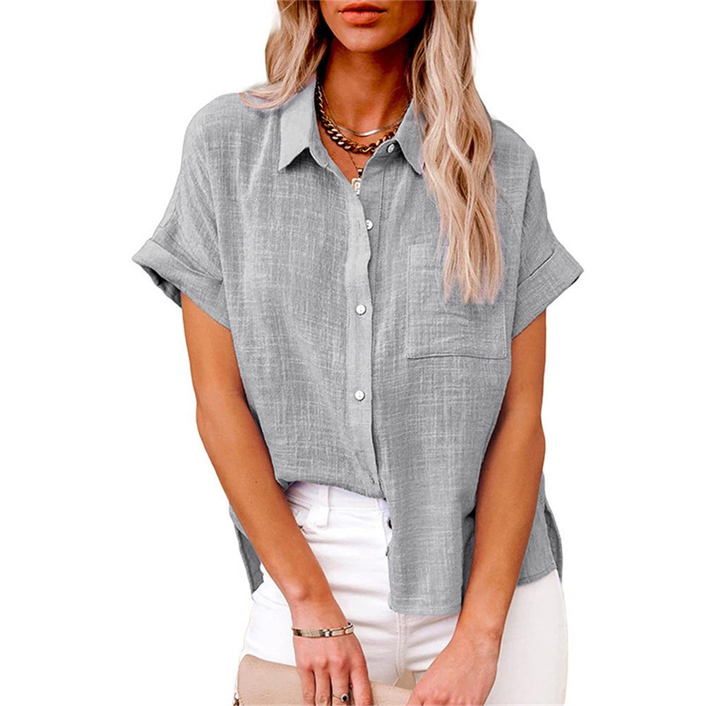 Linen Blend Collared Button-Up Shirt with Chest Pocket