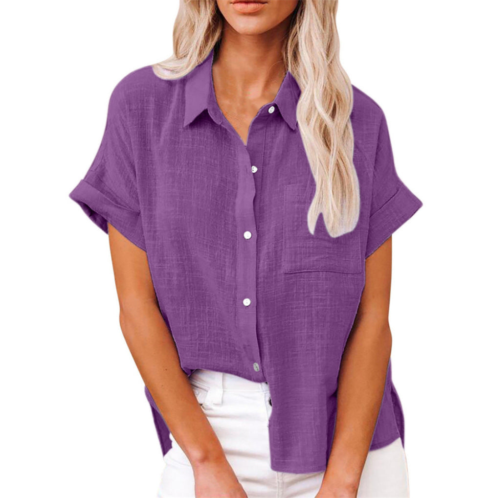 Linen Blend Collared Button-Up Shirt with Chest Pocket