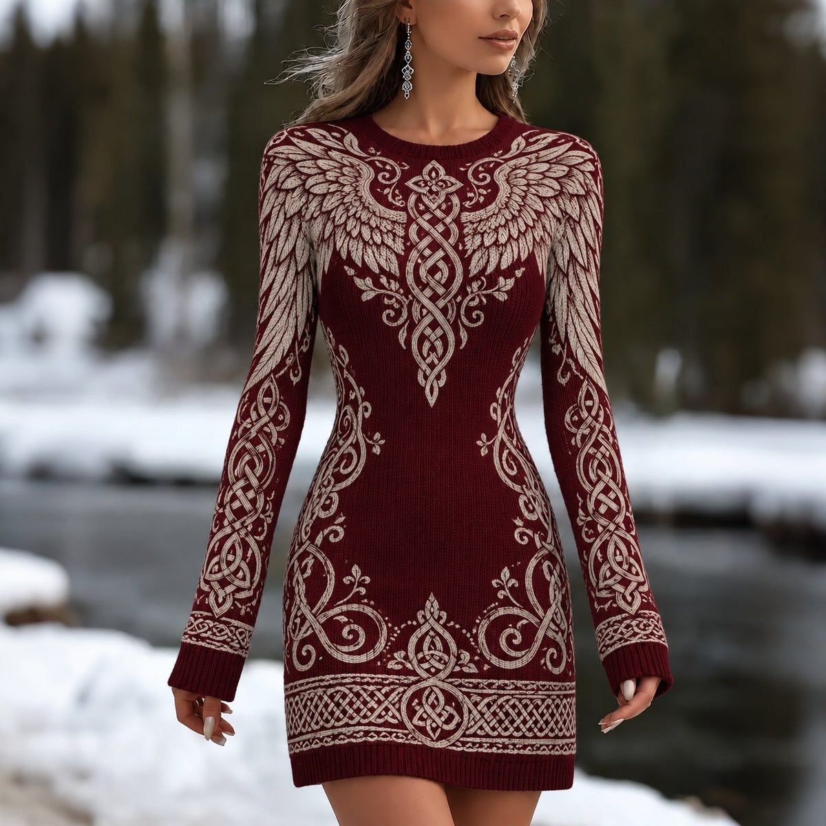 Women's knit mini dress with Celtic knot and wing motifs