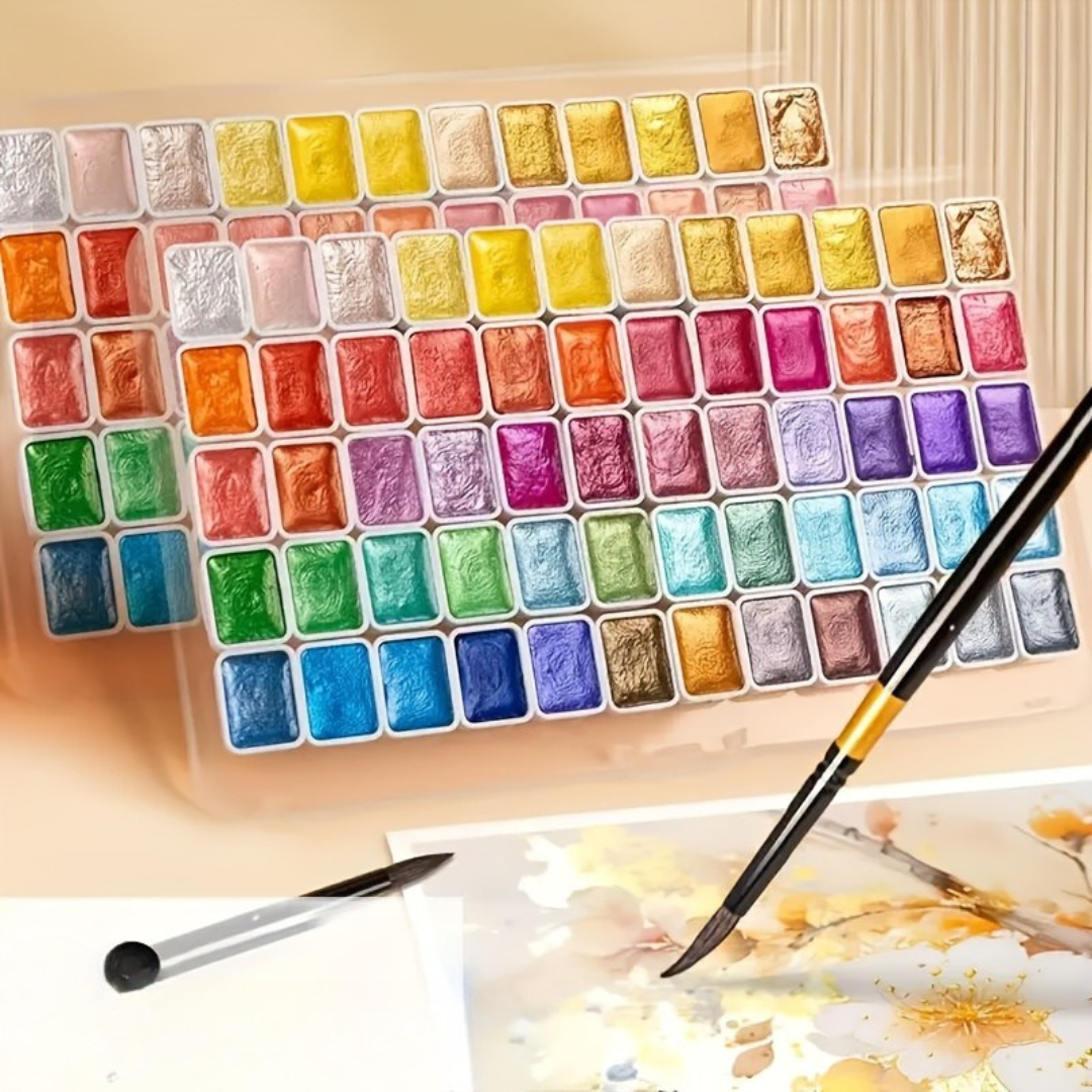 Rectangular 20-pan metallic watercolour palette with multicolour painted swatches