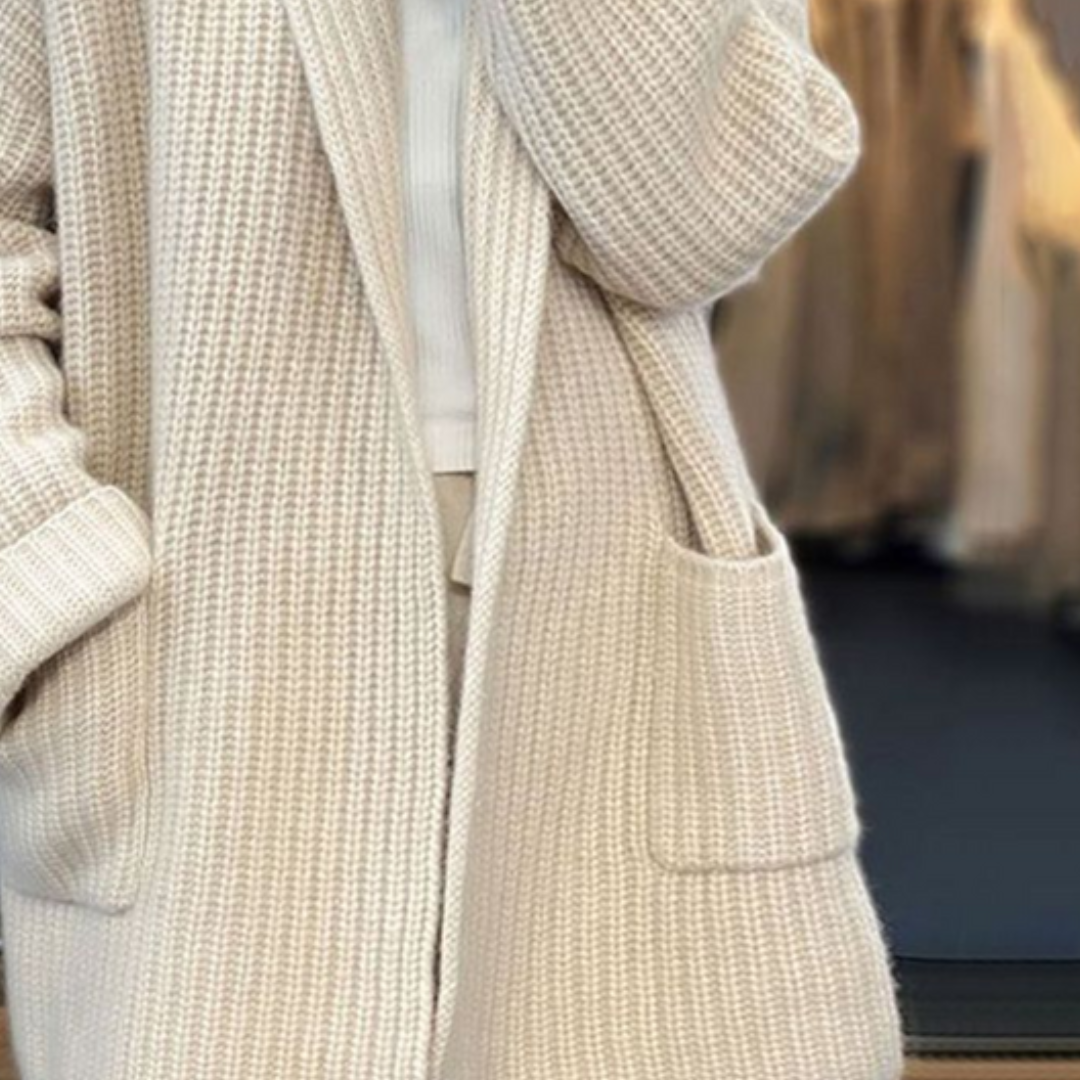 Women's chunky ribbed longline cardigan with shawl collar and front pockets