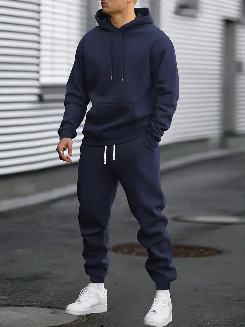 Men's hooded pullover and jogger tracksuit set with drawstring details