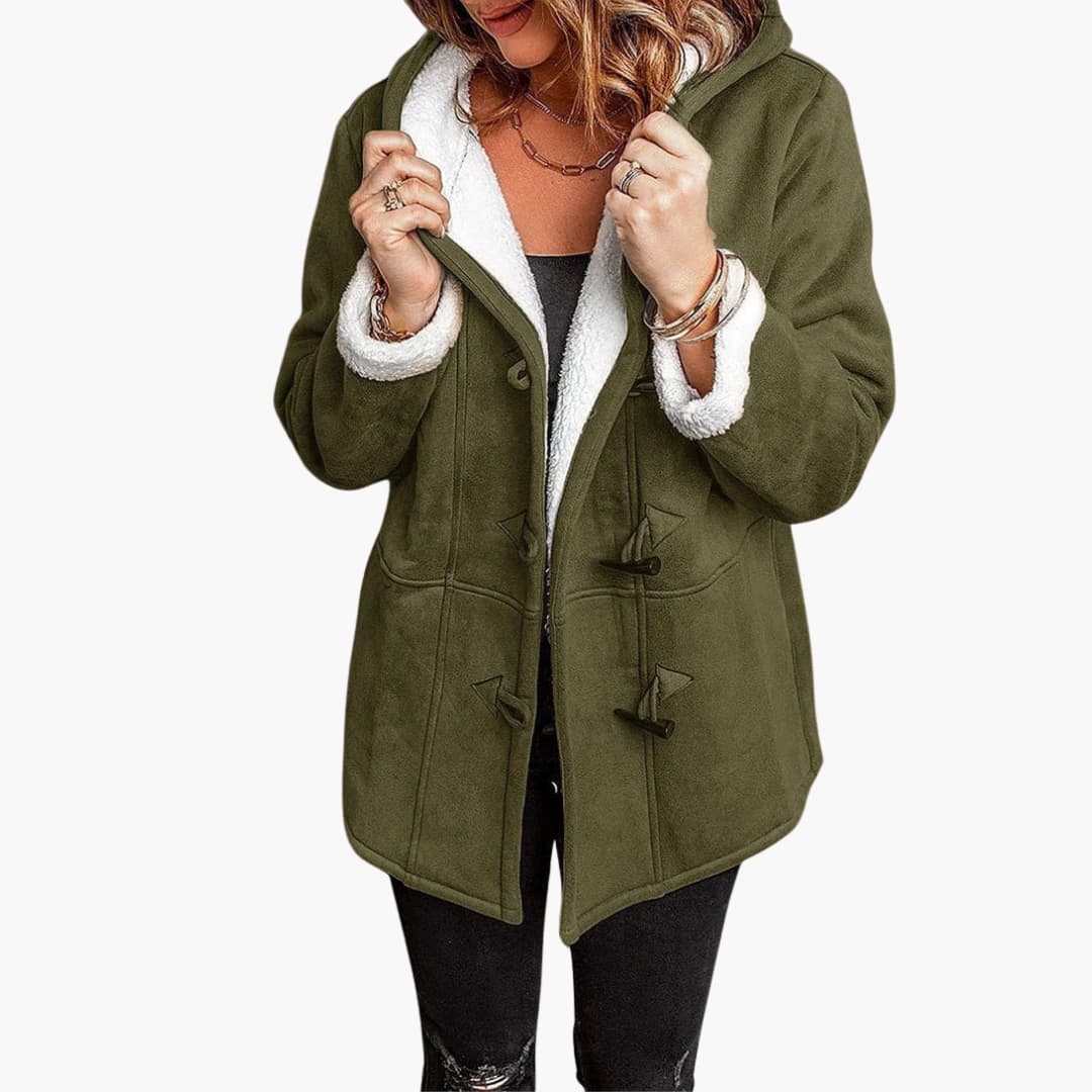 Manteau à capuche pour femme doublé en polaire avec fermeture à brandebourgs