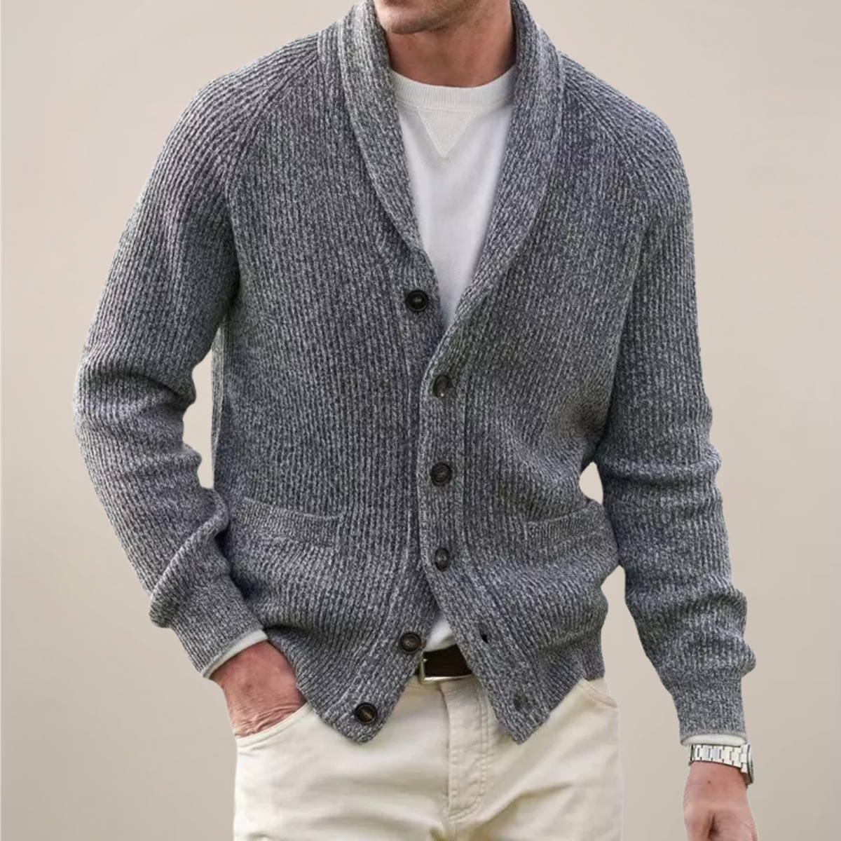 Men’s Shawl Collar Ribbed Knit Button Cardigan