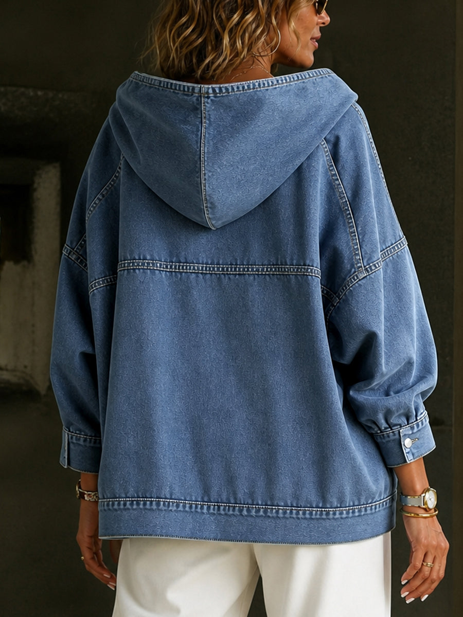 Women's blue hooded pullover with panelled seams and kangaroo pocket