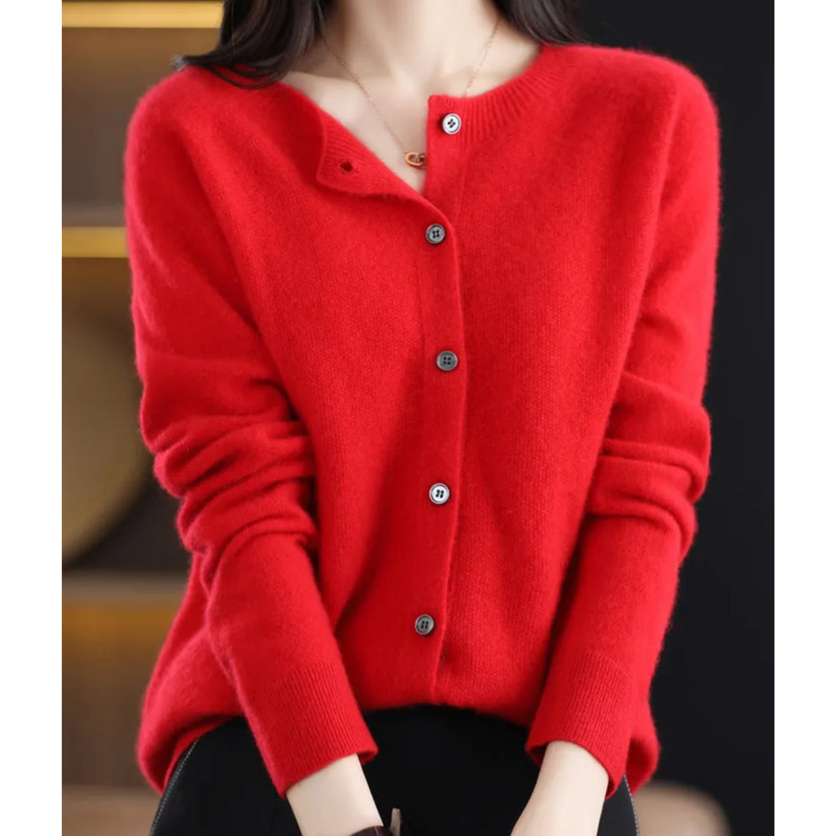 Women's long-sleeve round-neck button-front cardigan with ribbed trim