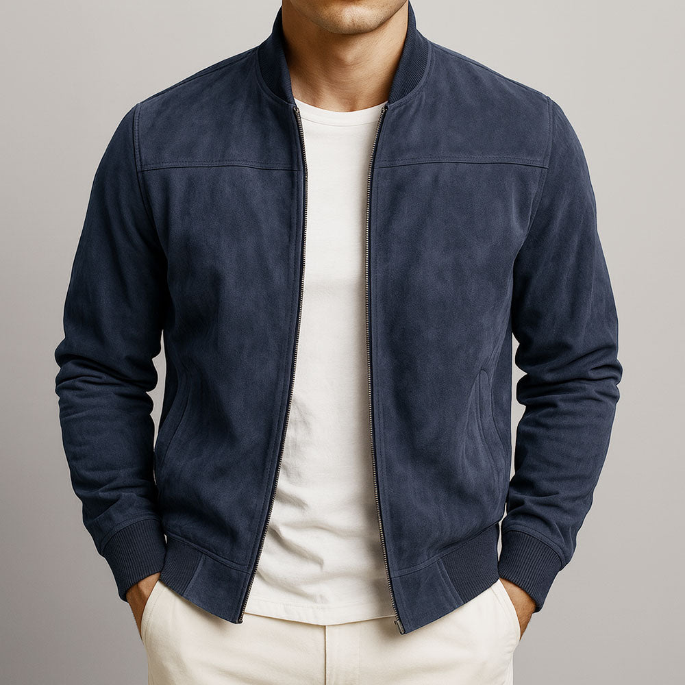 Men's solid bomber jacket with ribbed collar, zip front and angled pockets