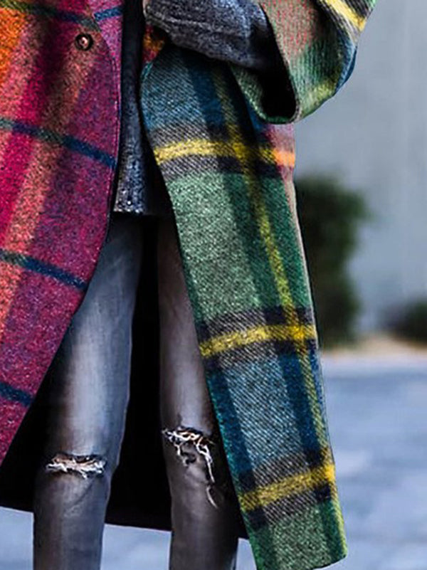 Women's multicolor plaid longline coat with notched lapel and button front