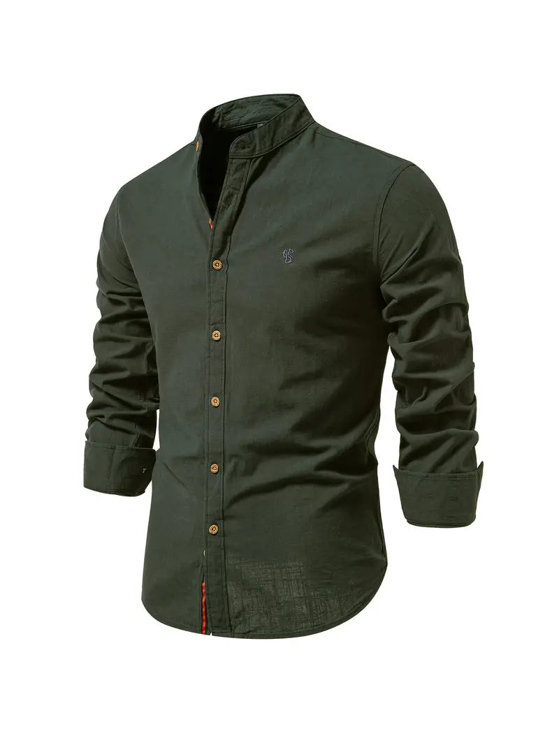Men's long-sleeve mandarin collar shirt with button front and chest emblem