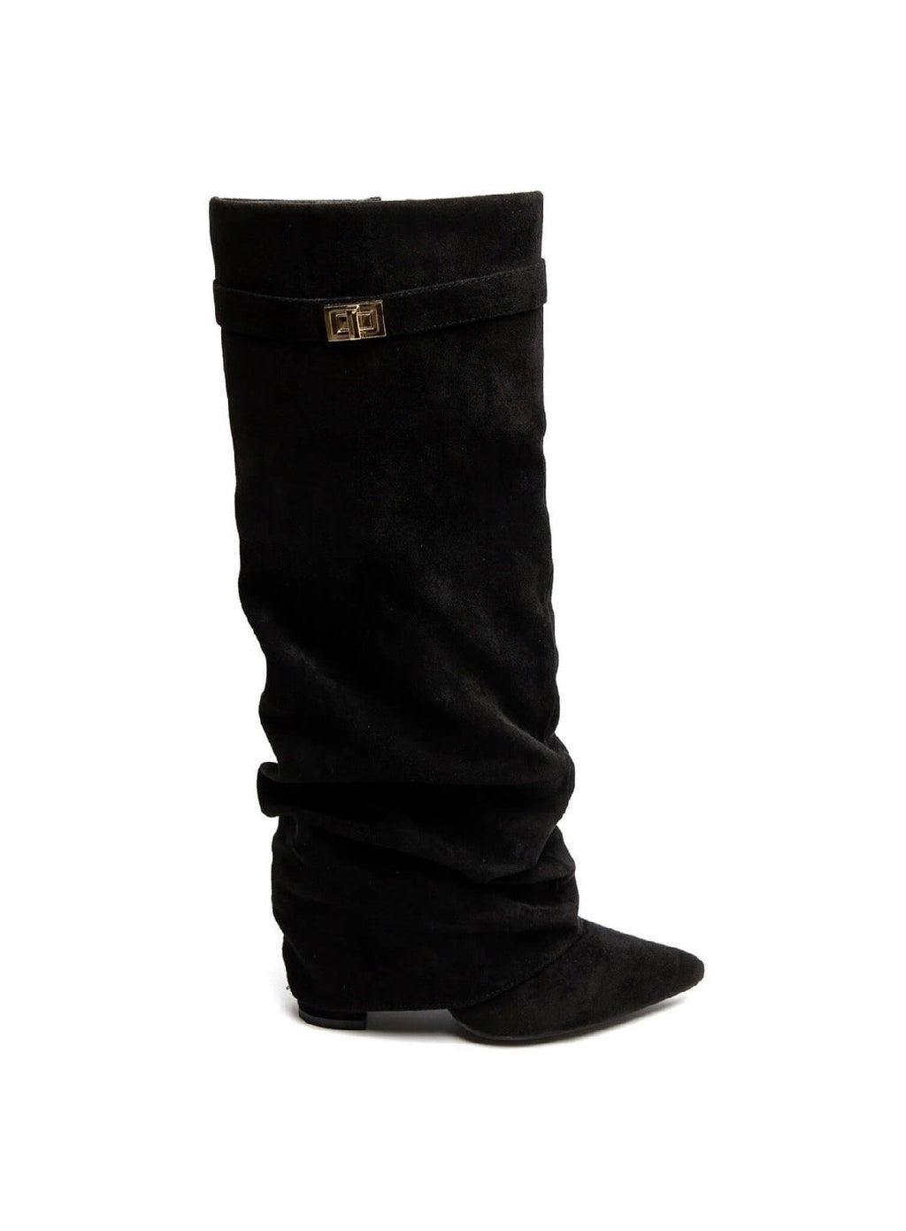 Black women's slouch knee-high boots with pointed toes and low block heels