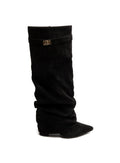 Black women's slouch knee-high boots with pointed toes and low block heels
