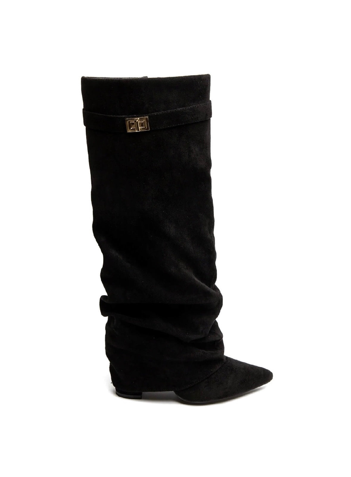 Black women's slouch knee-high boots with pointed toes and low block heels