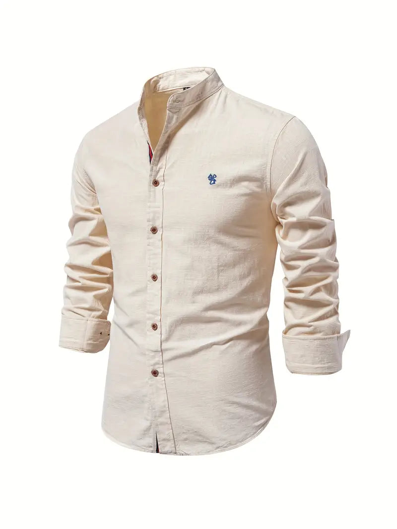 Men's long-sleeve mandarin collar shirt with button front and chest emblem