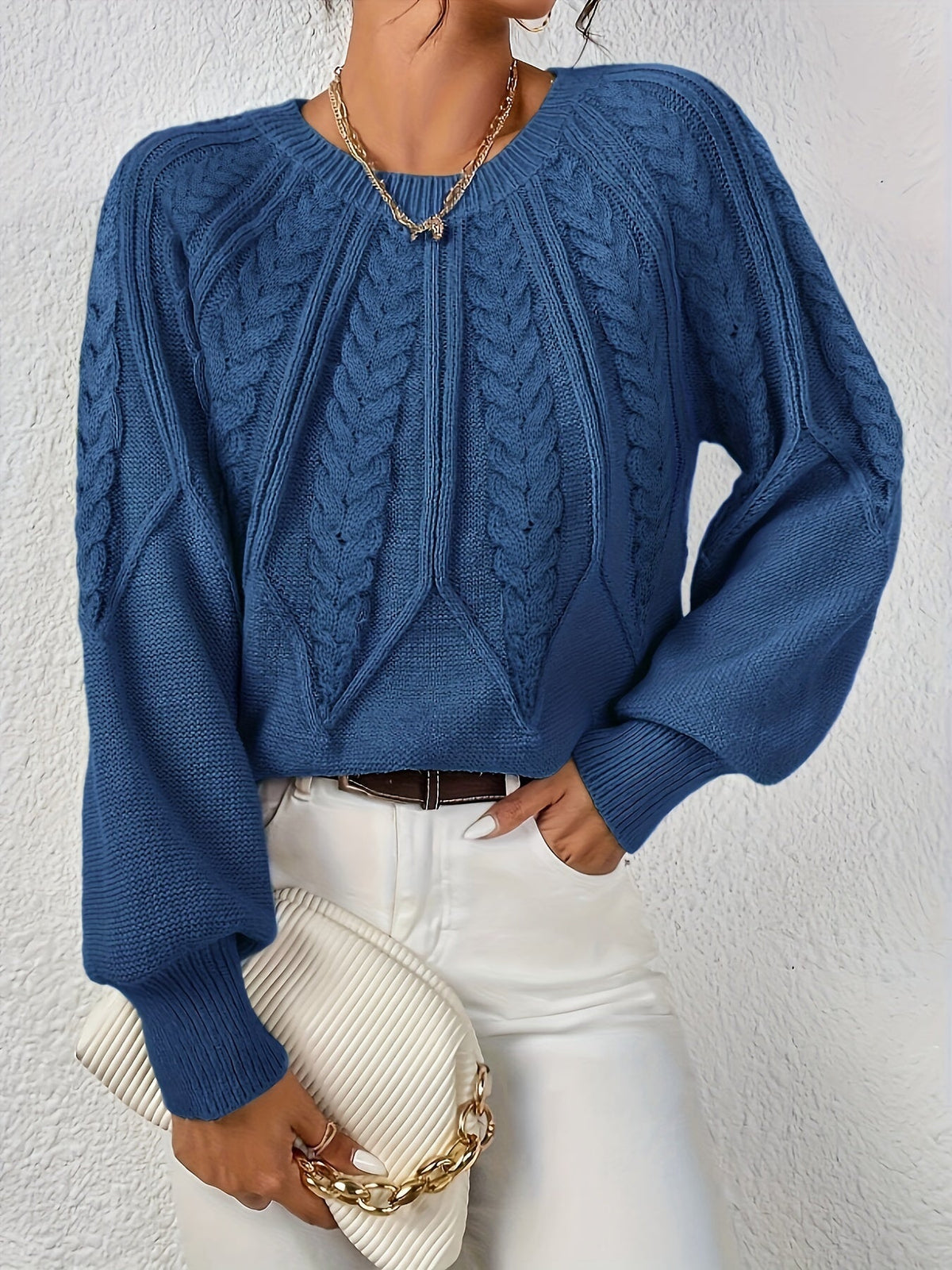 Women's Cable Knit Balloon Sleeve Cropped Jumper