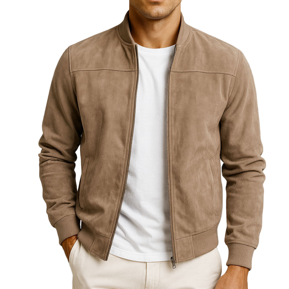 Men's solid bomber jacket with ribbed collar, zip front and angled pockets