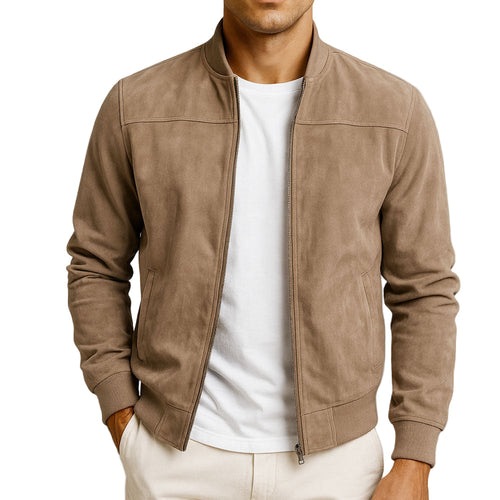 Men's solid bomber jacket with ribbed collar, zip front and angled pockets