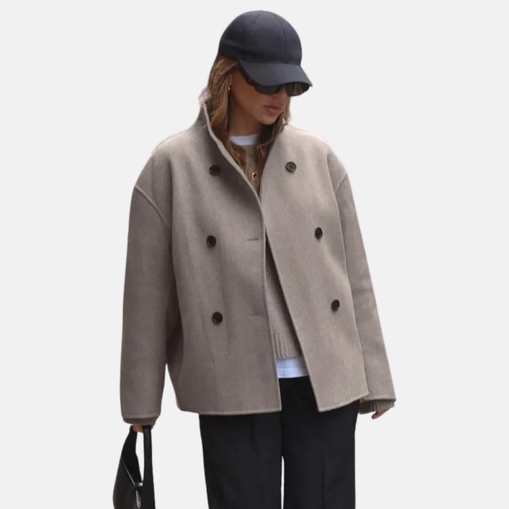 Manteau court femme à col montant et double boutonnage