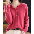 Women's long-sleeve round-neck button-front cardigan with ribbed trim
