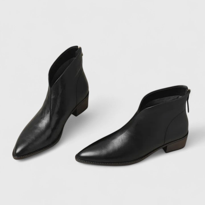 Women's pointed toe V-cut ankle boots with low block heels