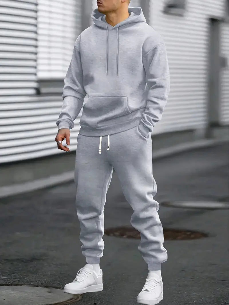Men's hooded pullover and jogger tracksuit set with drawstring details