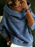 Women's blue hooded pullover with panelled seams and kangaroo pocket