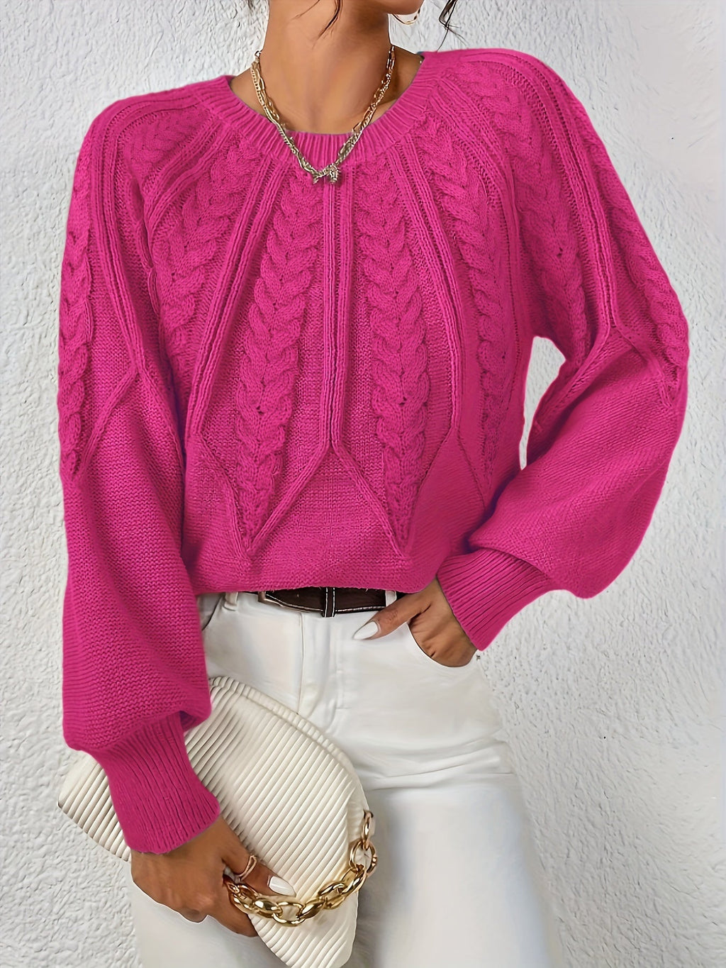 Women's Cable Knit Balloon Sleeve Cropped Jumper