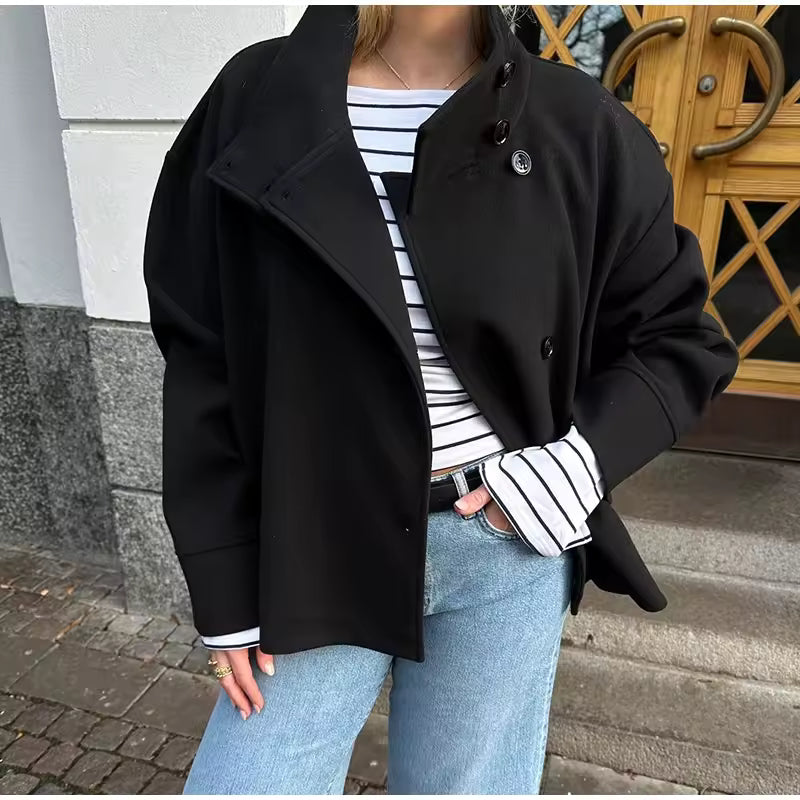 Women's oversized short coat with high neckline, long sleeves and button front