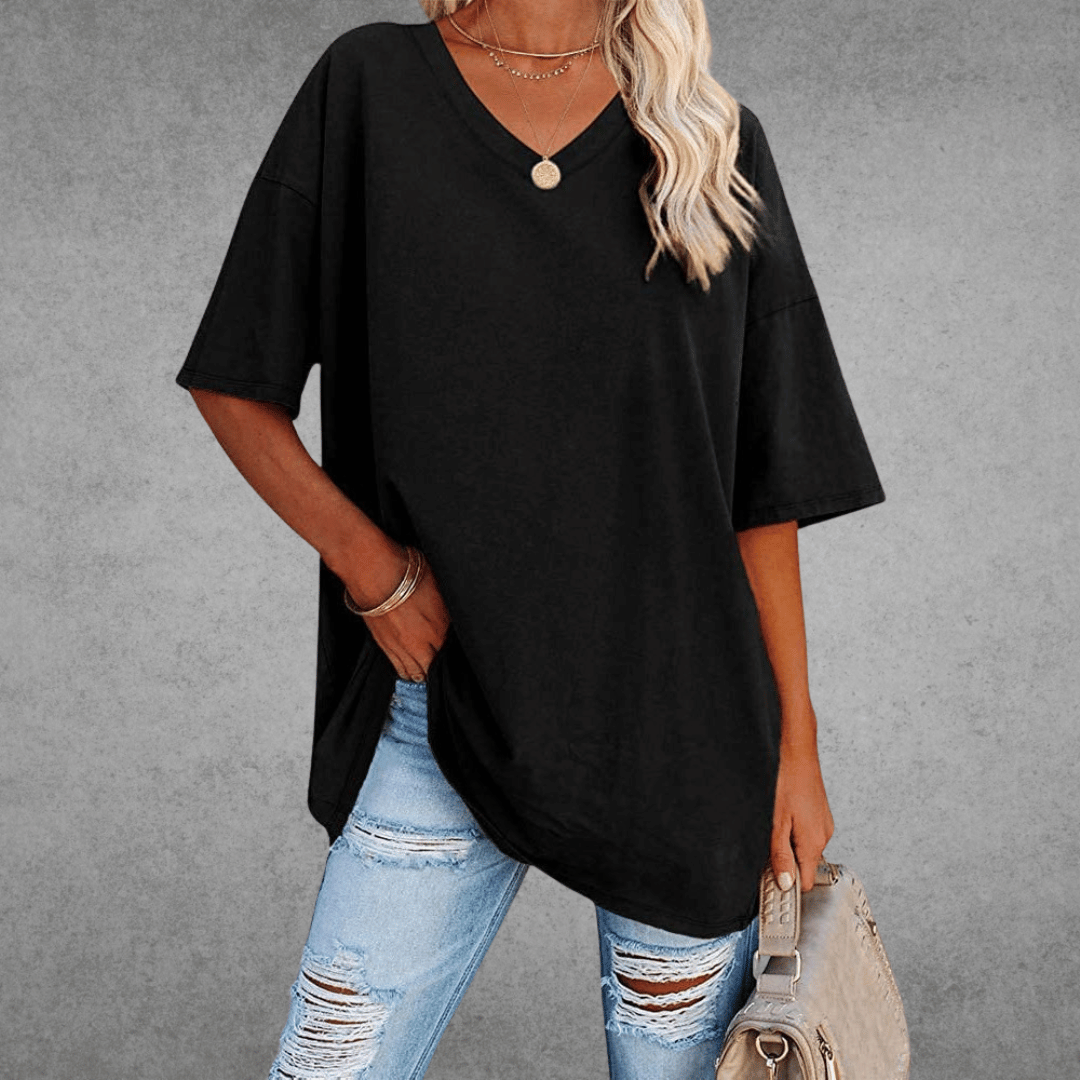 Women's oversized solid V-neck longline T-shirt with dropped shoulders and short sleeves