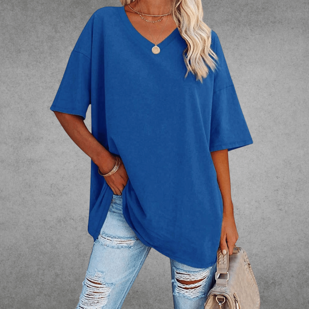 Women's oversized solid V-neck longline T-shirt with dropped shoulders and short sleeves
