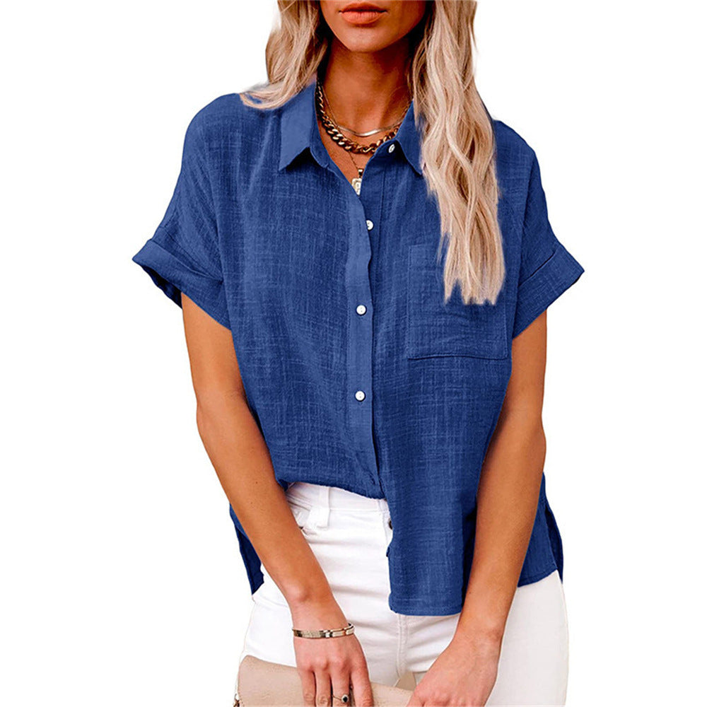 Linen Blend Collared Button-Up Shirt with Chest Pocket