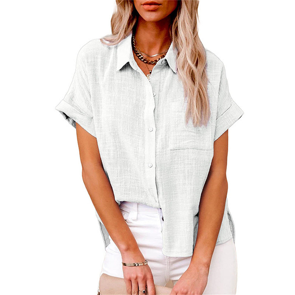 Linen Blend Collared Button-Up Shirt with Chest Pocket