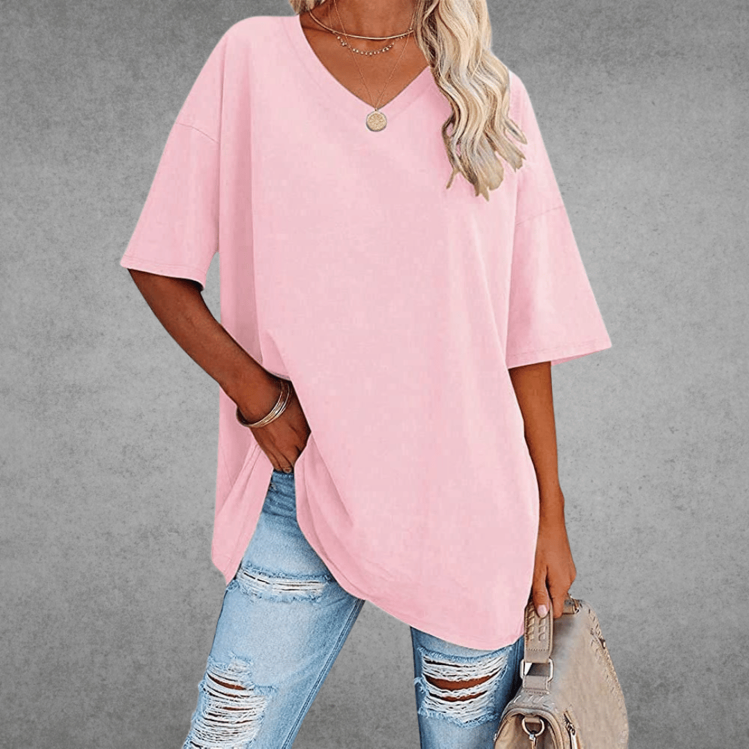 Women's oversized solid V-neck longline T-shirt with dropped shoulders and short sleeves