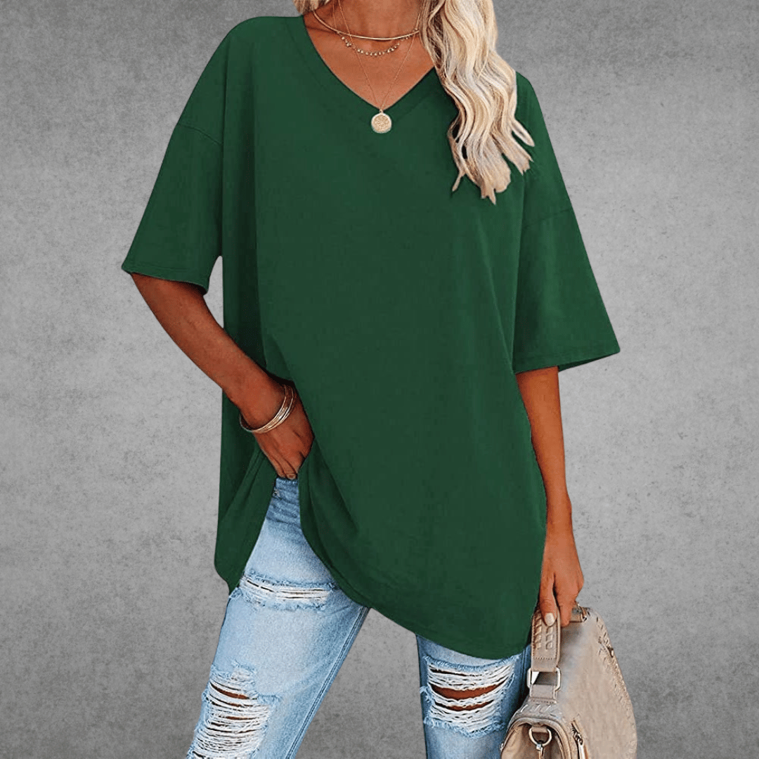 Women's oversized solid V-neck longline T-shirt with dropped shoulders and short sleeves