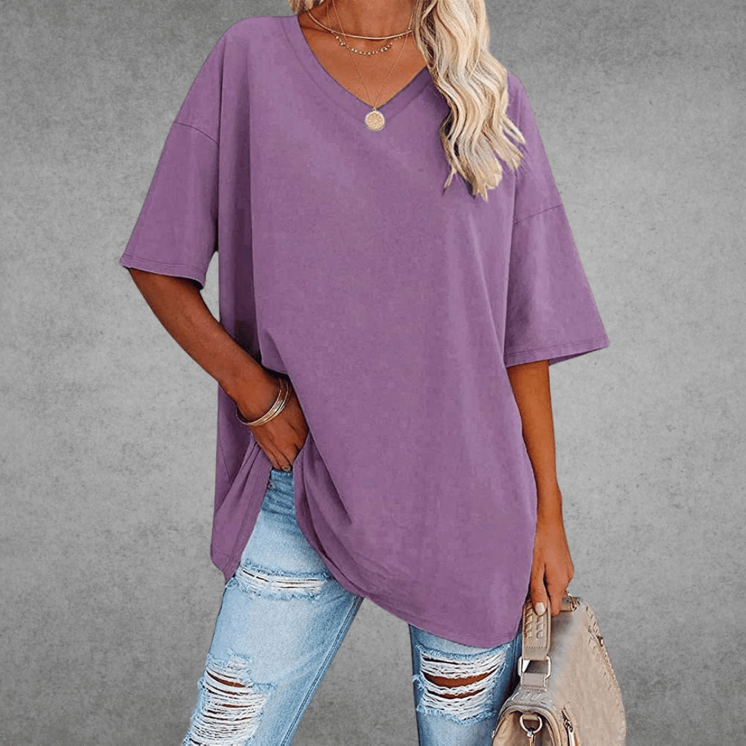 Women's oversized solid V-neck longline T-shirt with dropped shoulders and short sleeves