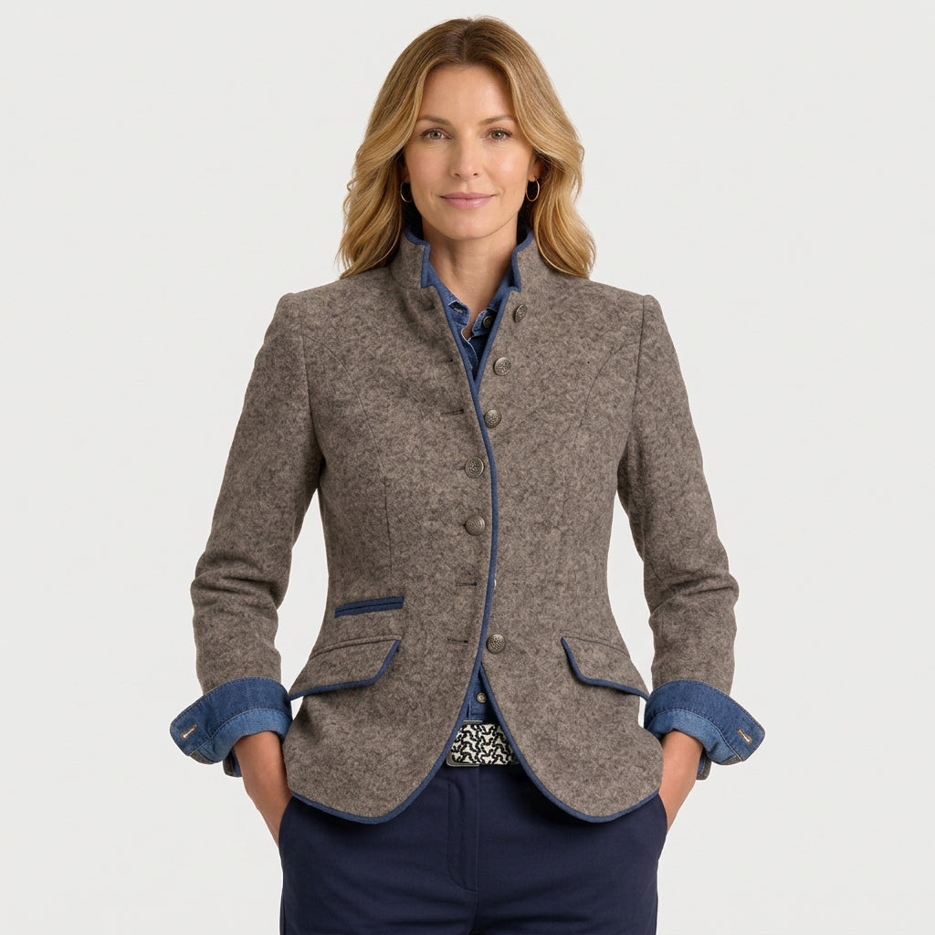 Women’s Stand Collar Tailored Jacket – Button Front Piped Trim
