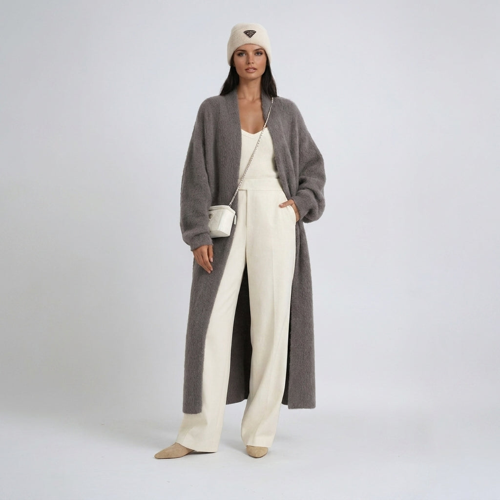 Women's longline open knit cardigan with long sleeves