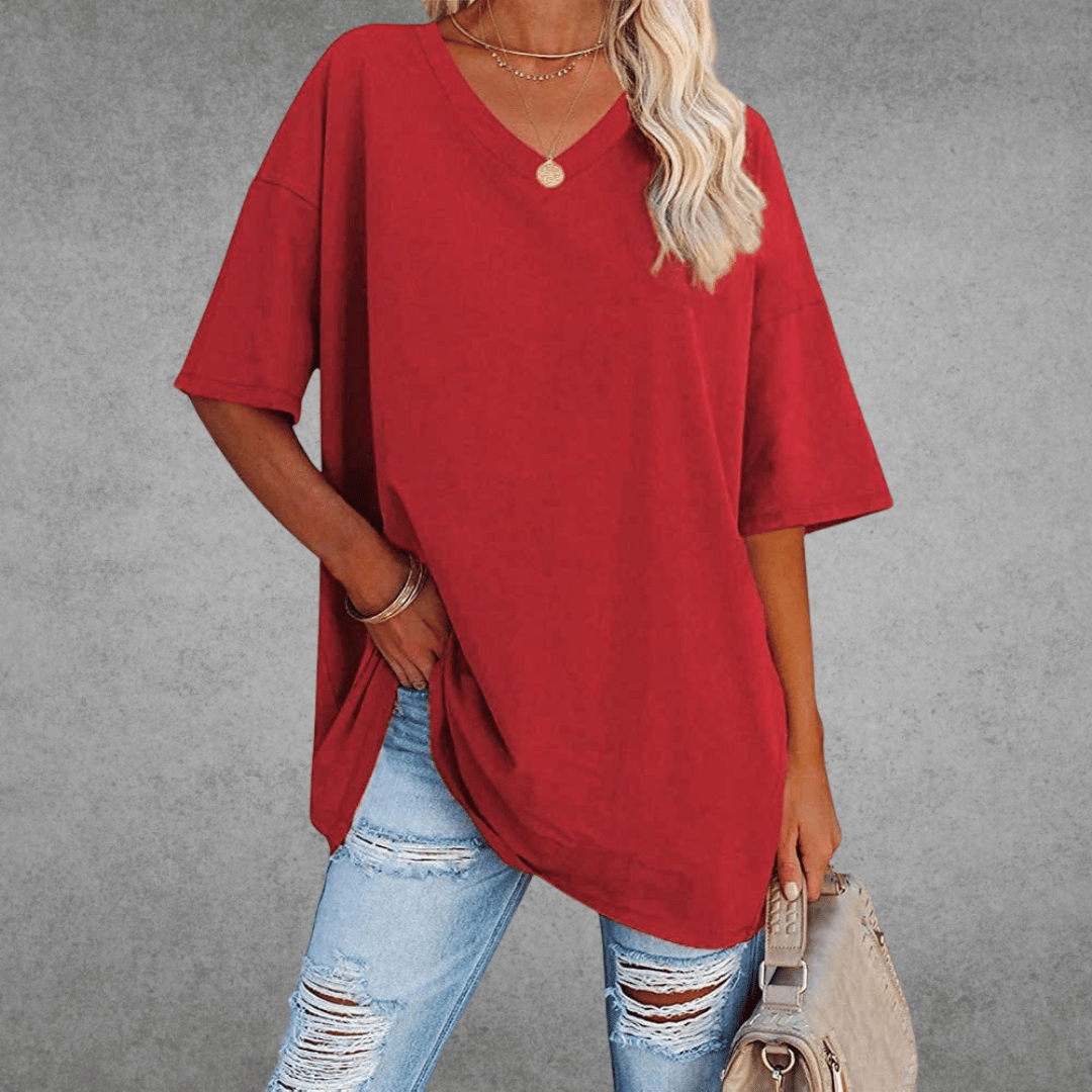 Women's oversized solid V-neck longline T-shirt with dropped shoulders and short sleeves