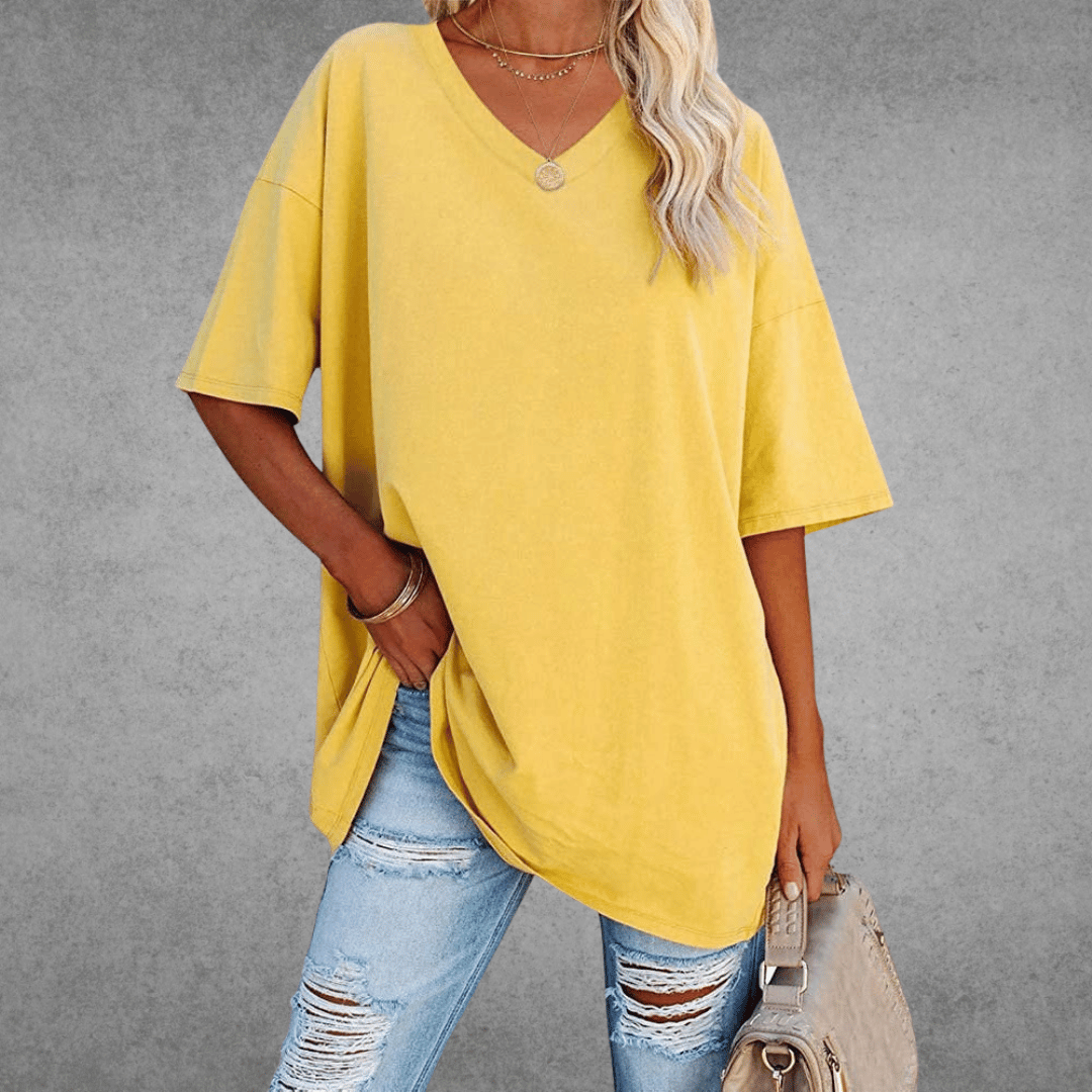Women's oversized solid V-neck longline T-shirt with dropped shoulders and short sleeves