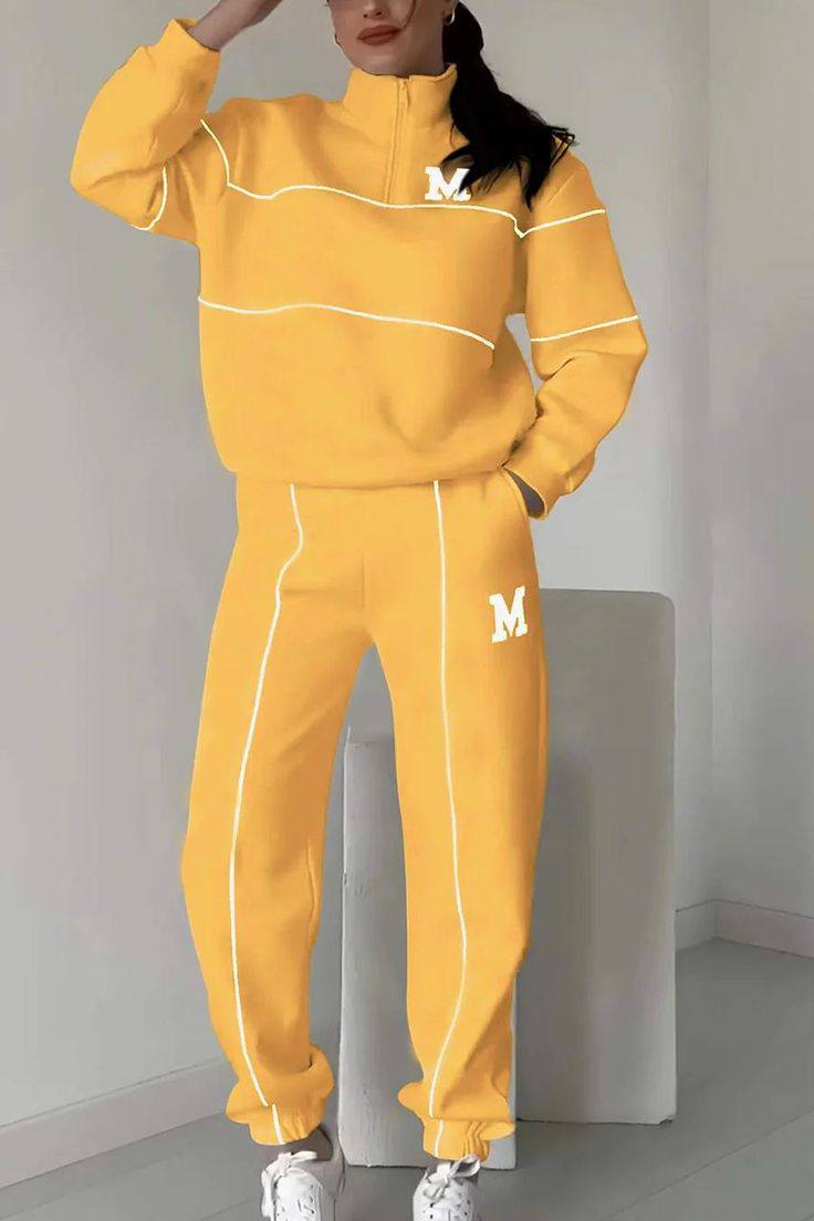 Half-Zip Contrast Piping Sweatshirt and Jogger Set
