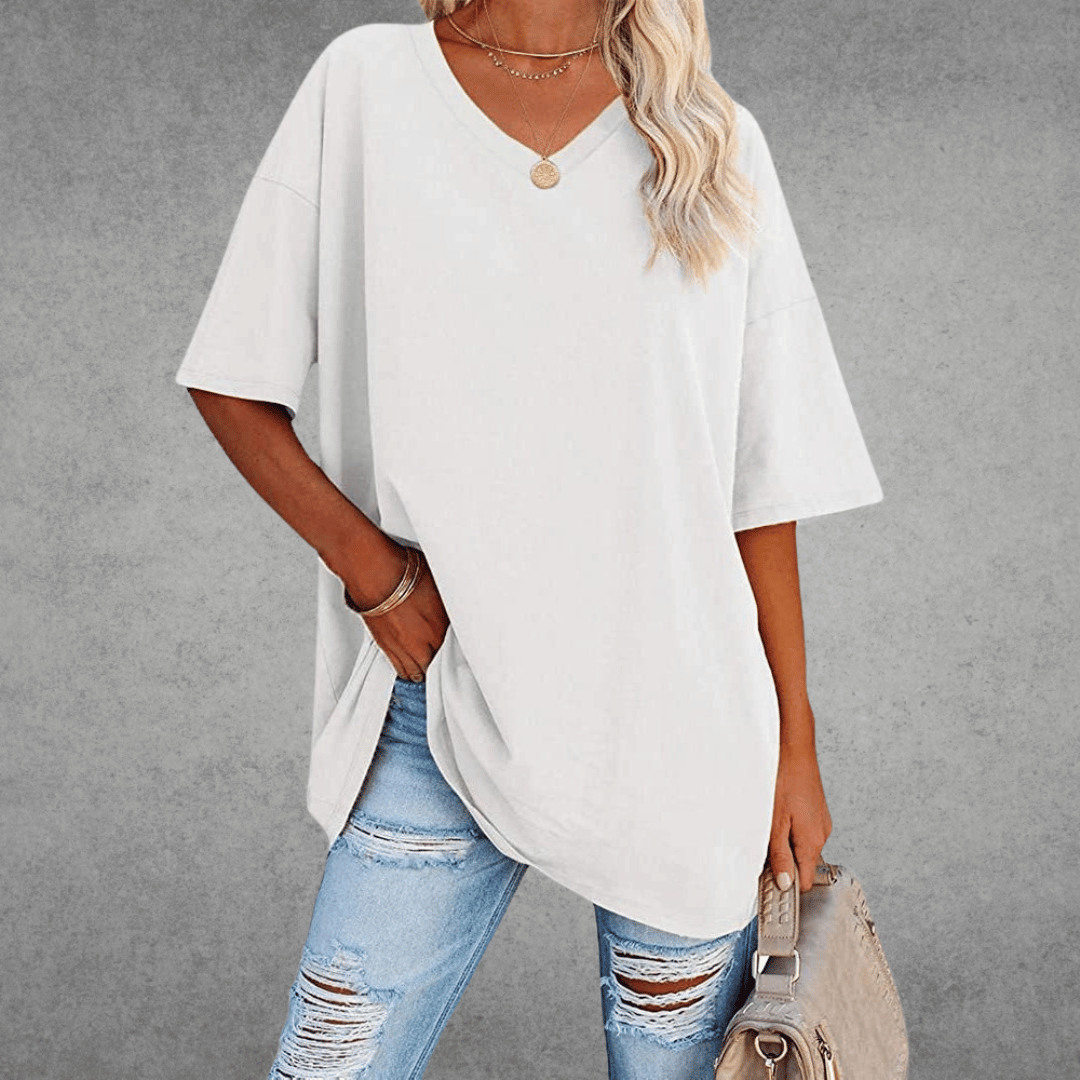 Women's oversized solid V-neck longline T-shirt with dropped shoulders and short sleeves