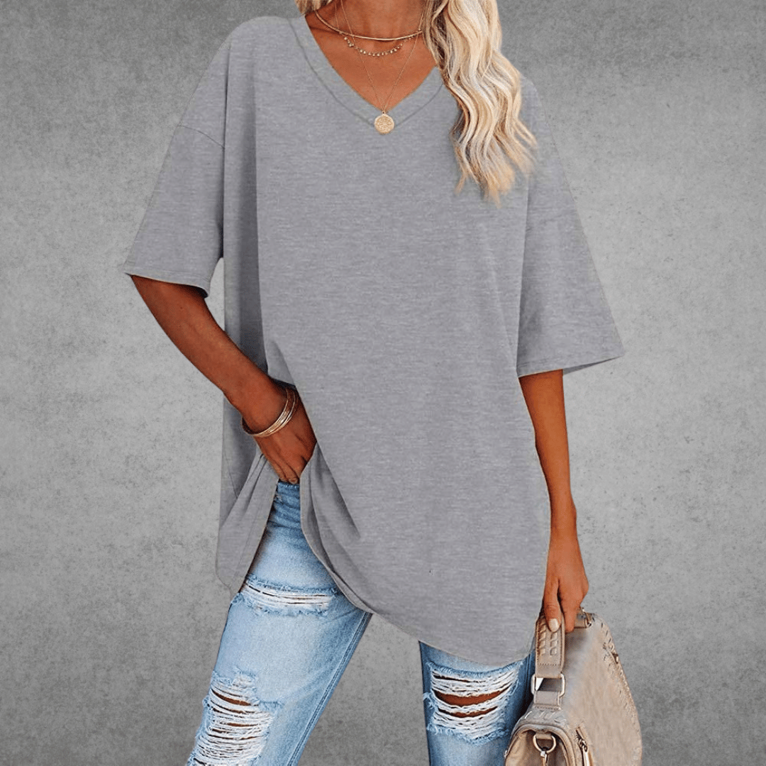 Women's oversized solid V-neck longline T-shirt with dropped shoulders and short sleeves