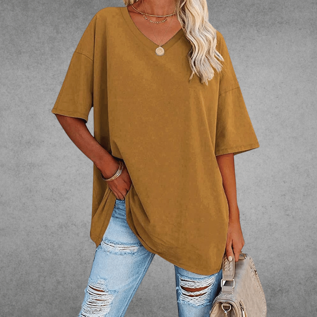Women's oversized solid V-neck longline T-shirt with dropped shoulders and short sleeves