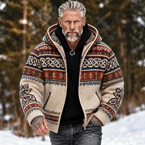 Men's beige geometric hooded zip-up sweater with long sleeves