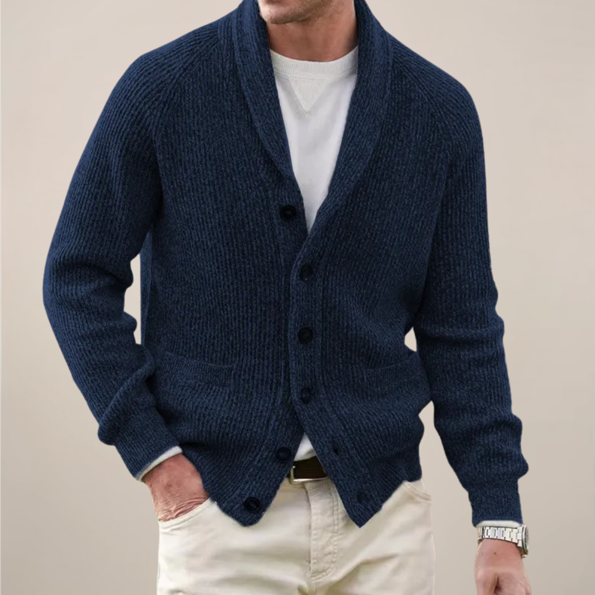 Men’s Shawl Collar Ribbed Knit Button Cardigan
