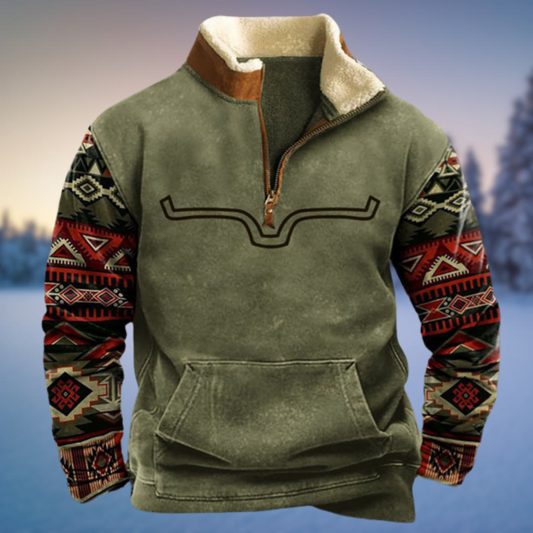 Men’s Western Geometric Print Quarter Zip Sherpa Collar Sweatshirt
