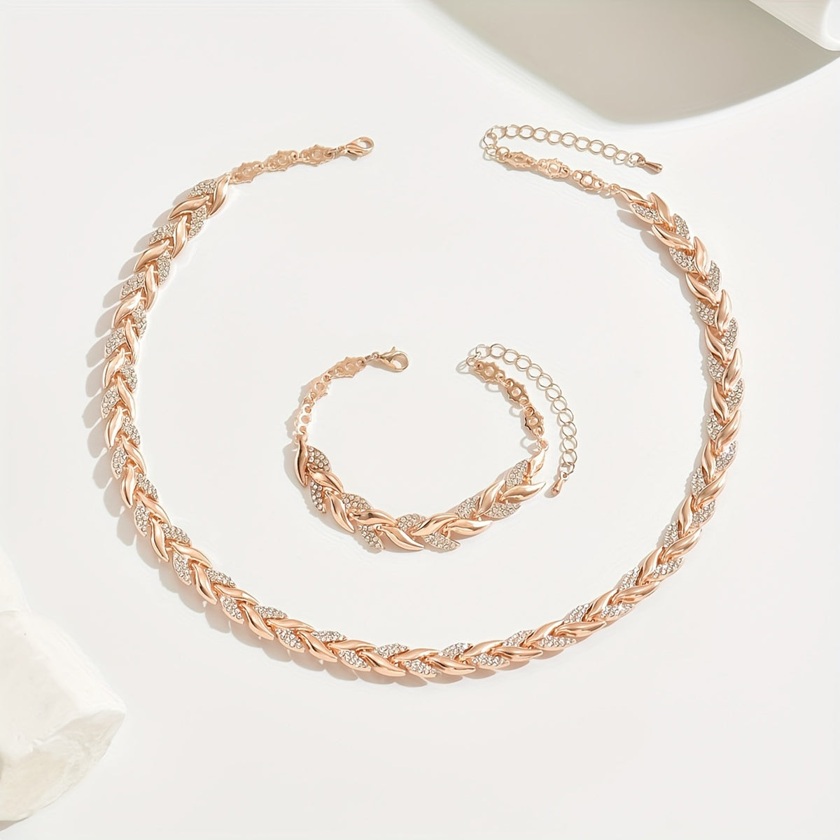 Rose Gold Leaf Link Crystal Necklace &amp; Bracelet Set