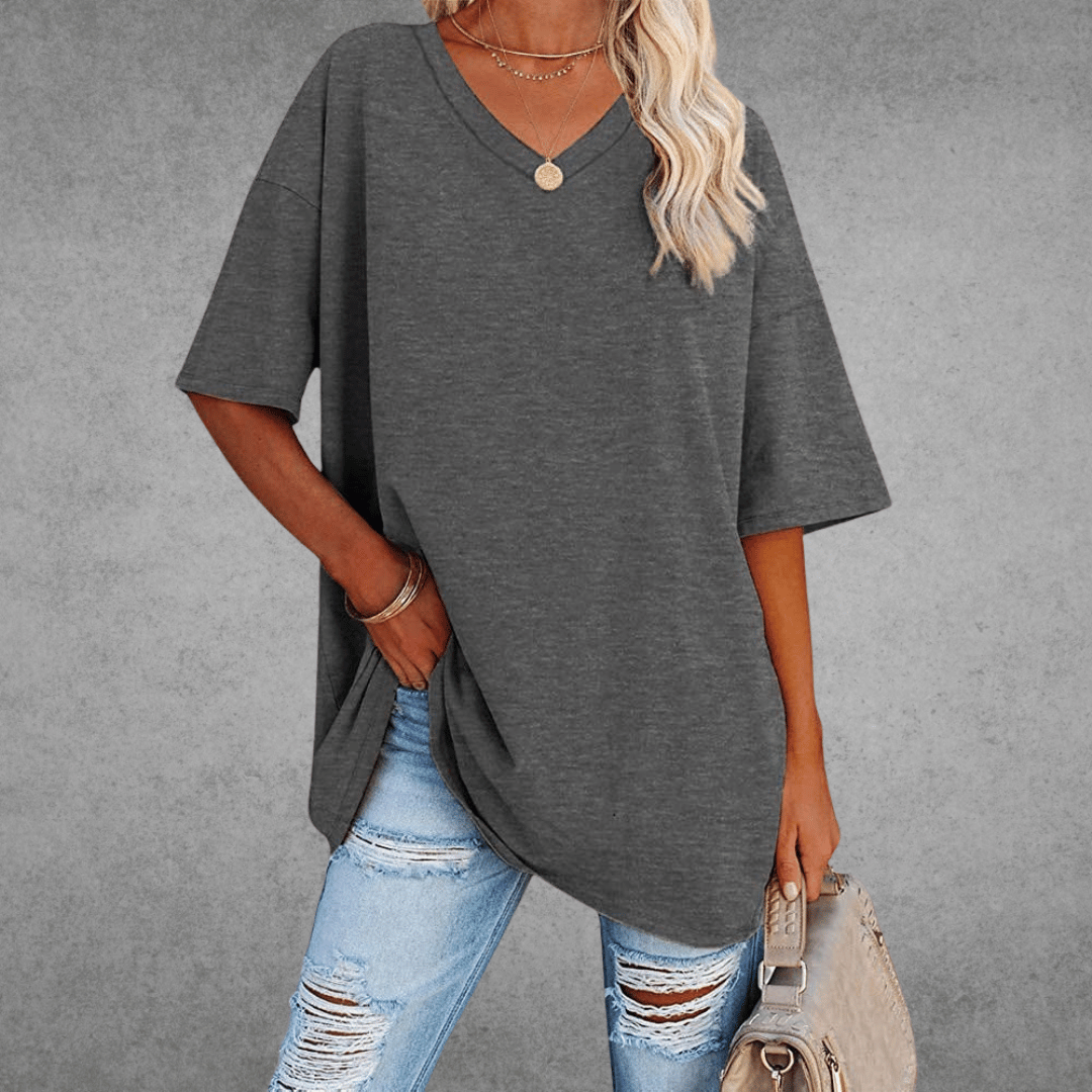 Women's oversized solid V-neck longline T-shirt with dropped shoulders and short sleeves