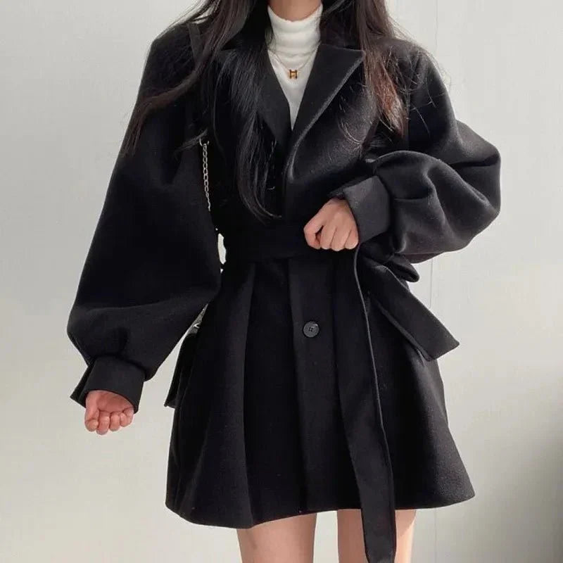 Women's Belted Balloon Sleeve Lapel Coat