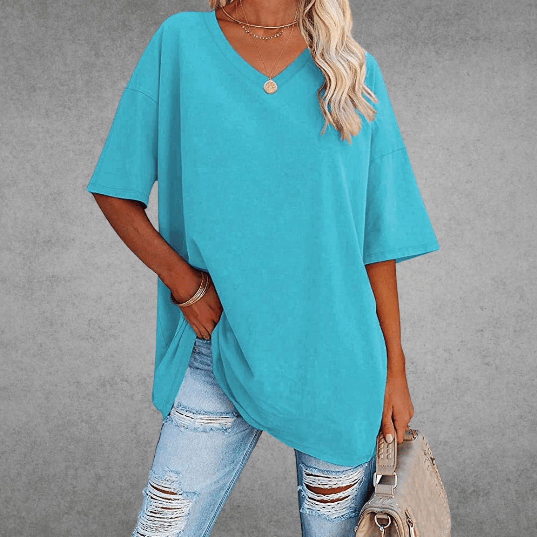 Women's oversized solid V-neck longline T-shirt with dropped shoulders and short sleeves