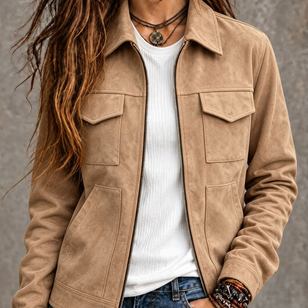 Women's Suede-Look Zip-Up Jacket with Flap Pockets